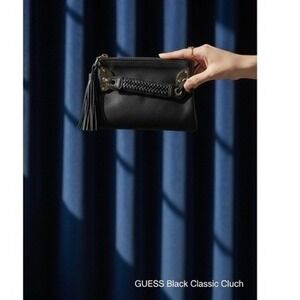 GUESS by Marciano Black Vegan Leather Clutch Purse  Tassel & Woven Strap Evening